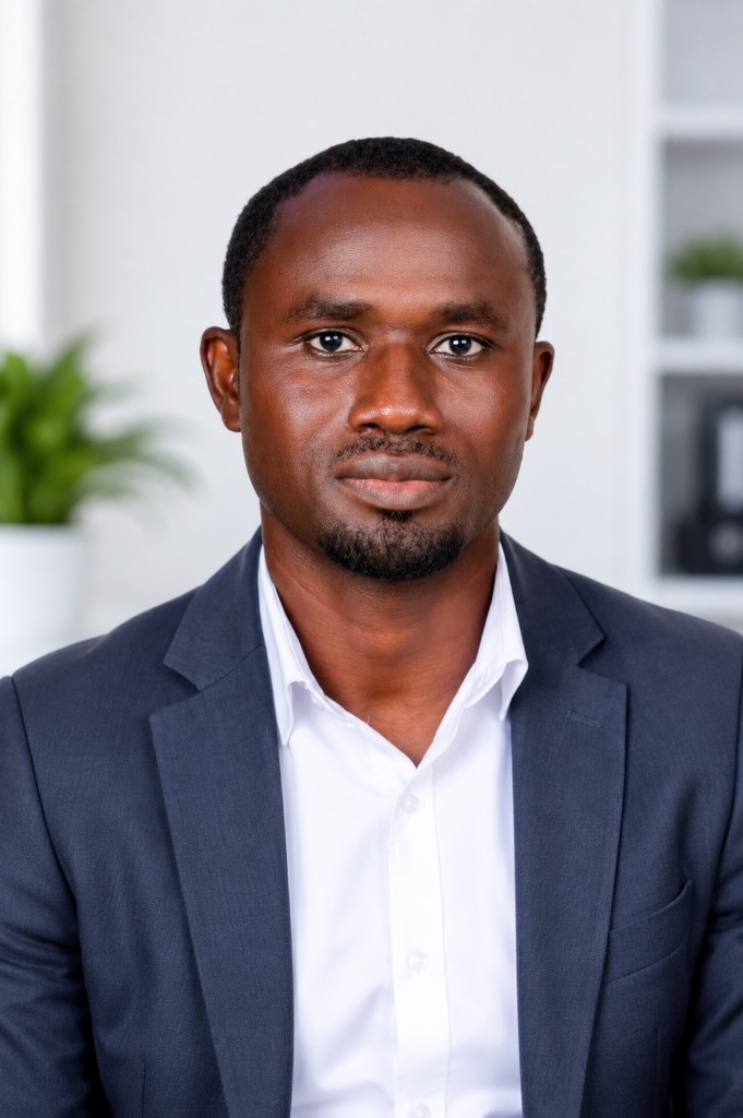 Christopher Beyereh, Finance and Business Development Officer at Chims Eagle Eye, professional headshot in a navy blazer and white open-collar shirt against an office background